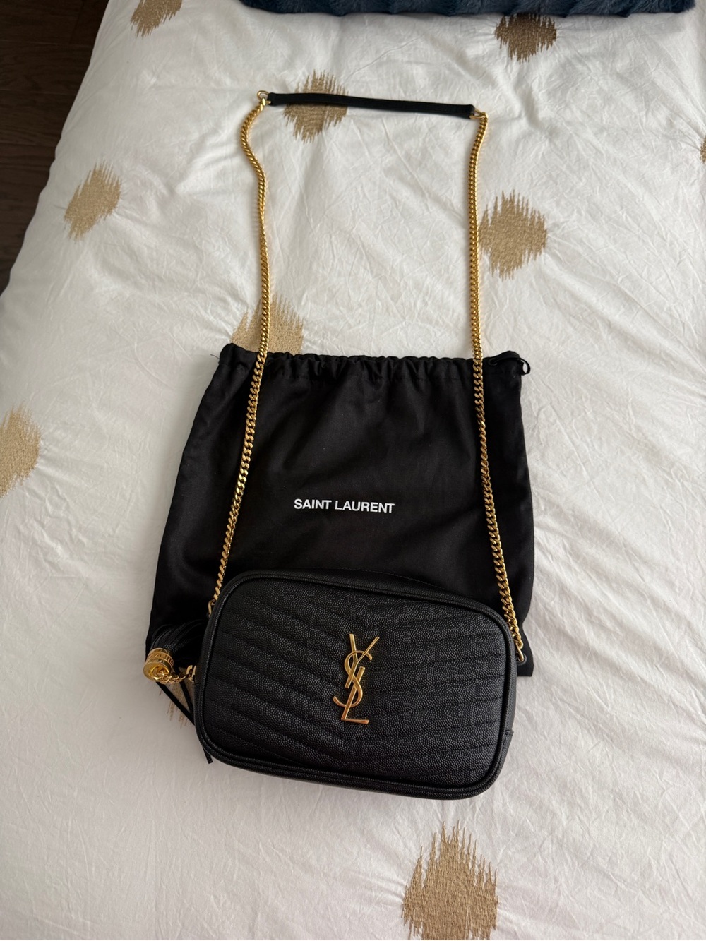 Saint Laurent Black Quilted Leather Camera Bag with Gold YSL Logo